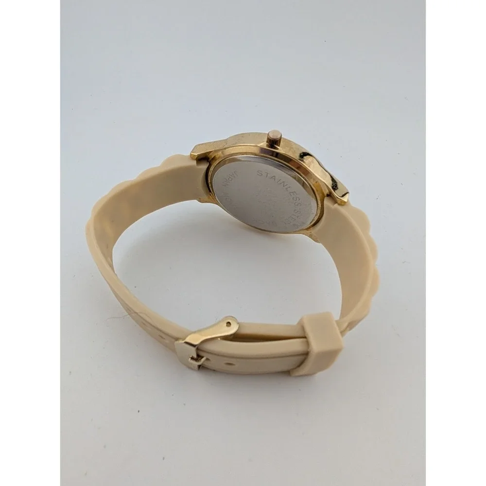 Women's Quartz Watch 42mm Gold Case Beige Silicone Band-‎ New Battery